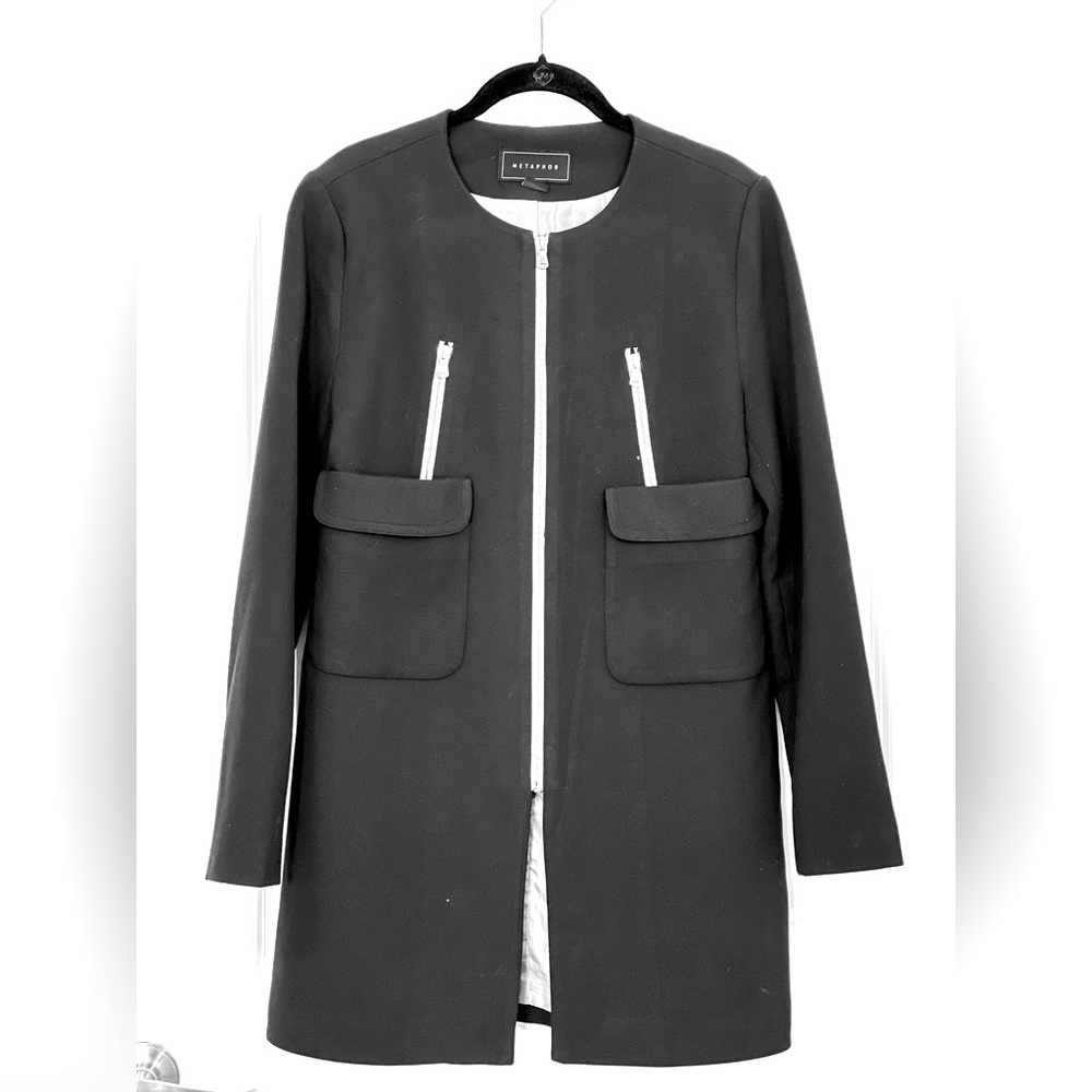 METAPHOR Collarless Zip-Front Longline Jacket/Trench Coat